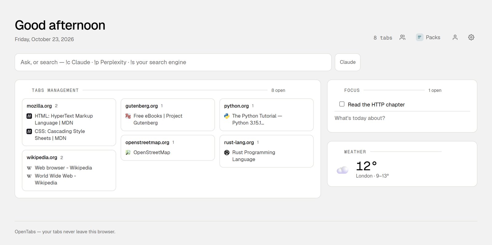 The OpenTabs new tab page in Chrome, with eight tabs open
