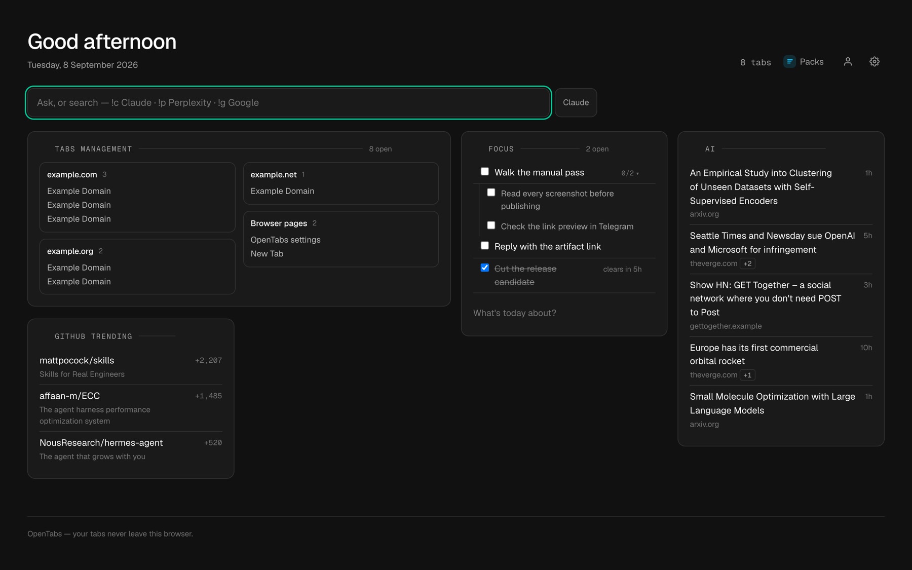 The OpenTabs new tab page: eight open tabs grouped by site, beside a to-do list, GitHub trending, and an AI topic with corroboration badges.