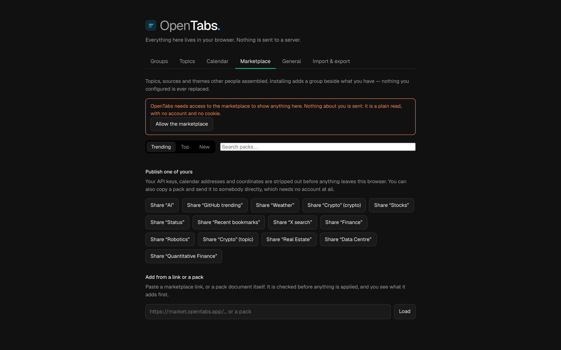 The marketplace inside OpenTabs settings, with a Share button for each group you could publish.