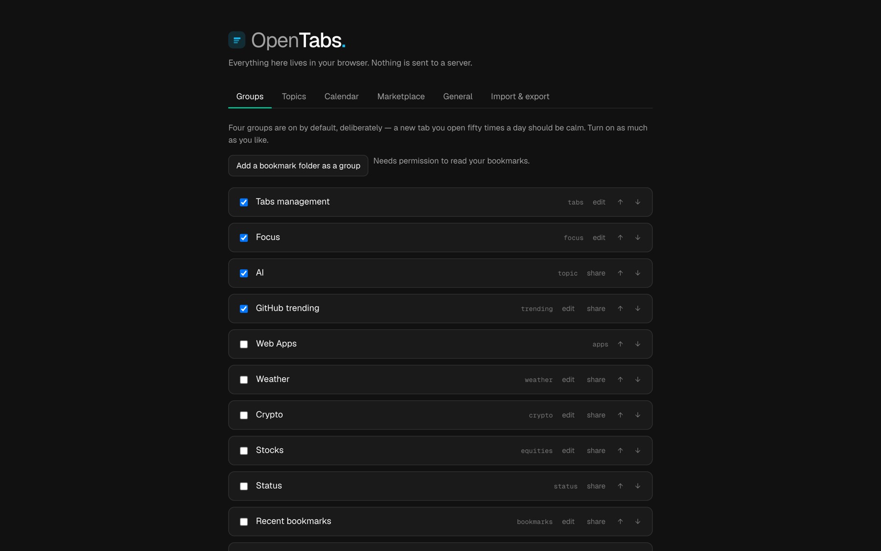 OpenTabs settings, showing each group with controls to reorder, share or remove it.